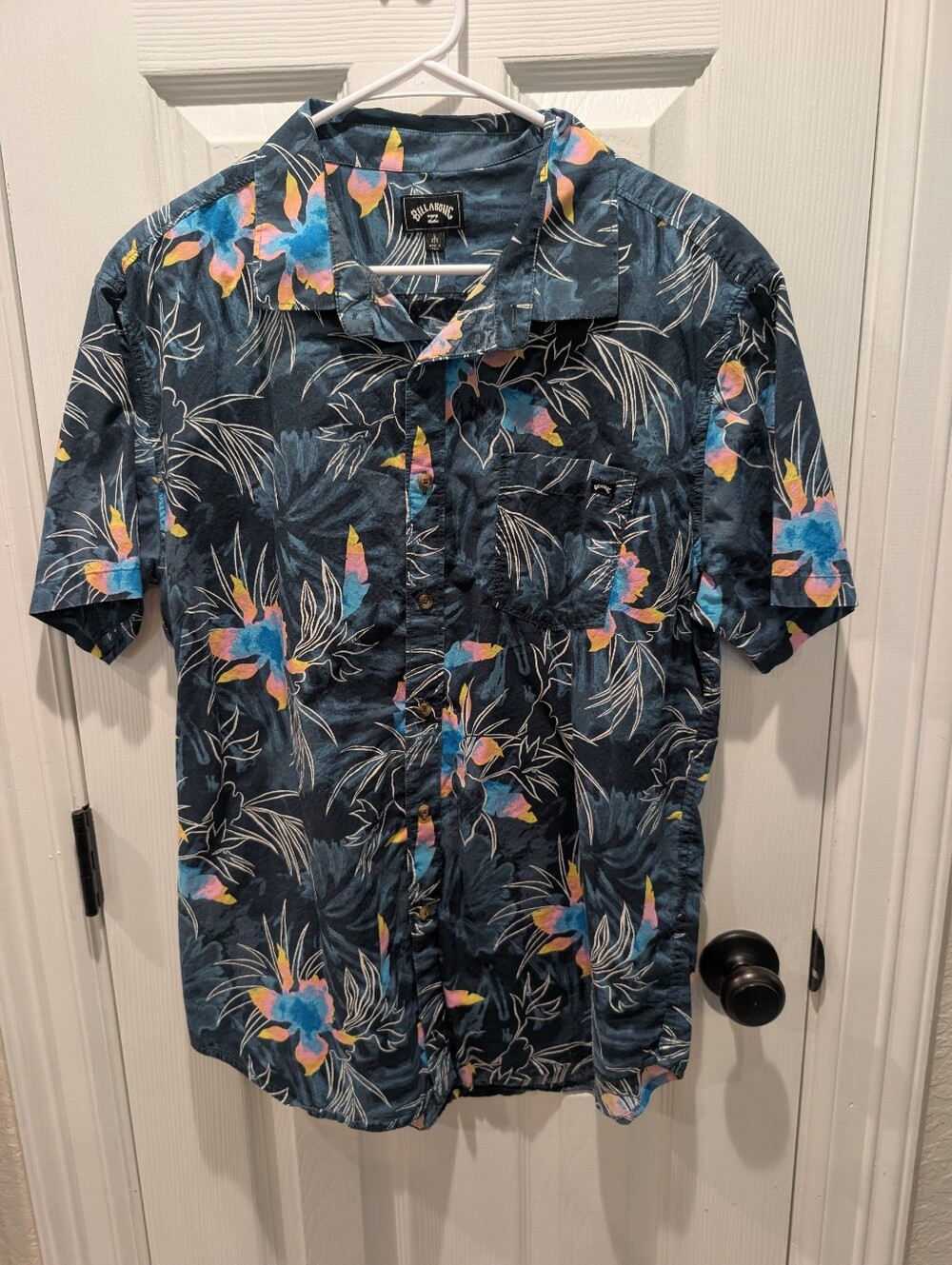 Billabong Navy Floral Short-Sleeve Button-Down with Pink and Yellow Accents